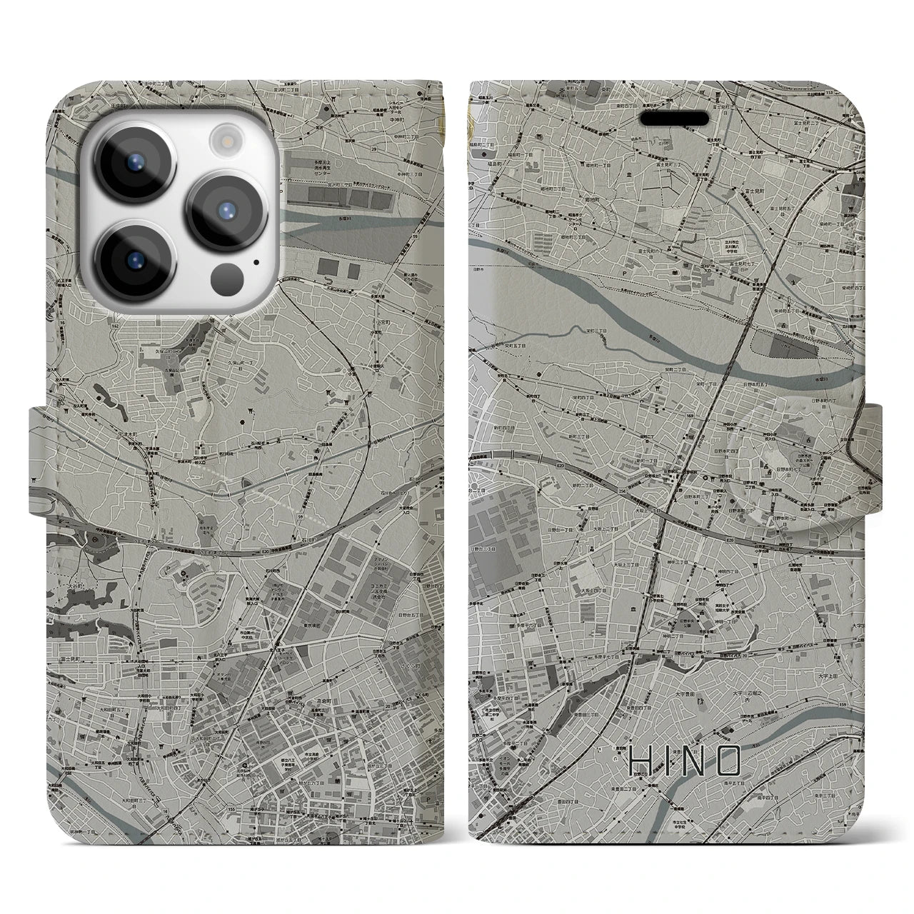 【日野】地図柄iPhoneケース（手帳両面タイプ・モノトーン）iPhone 14 Pro 用