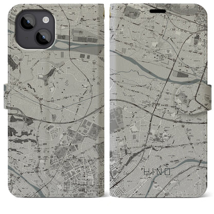 【日野（東京都）】地図柄iPhoneケース（手帳タイプ）モノトーン・iPhone 14 Plus 用