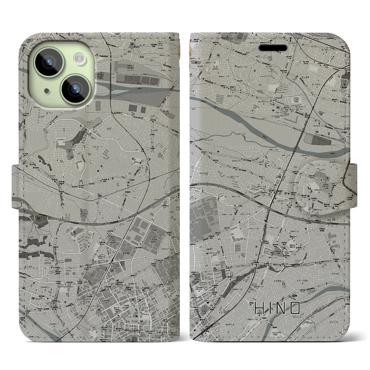 【日野】地図柄iPhoneケース（手帳両面タイプ・モノトーン）iPhone 15 用