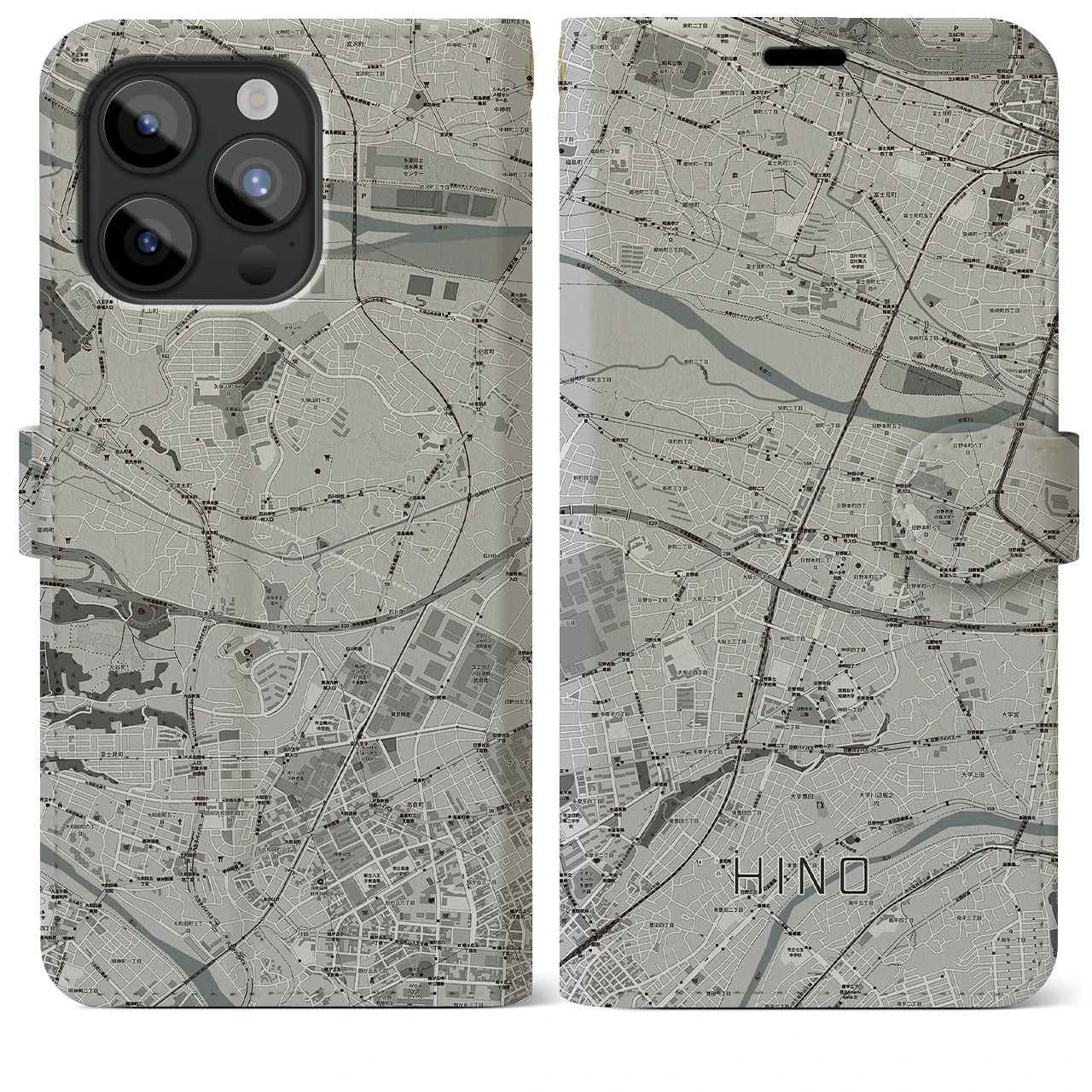 【日野】地図柄iPhoneケース（手帳両面タイプ・モノトーン）iPhone 15 Pro Max 用