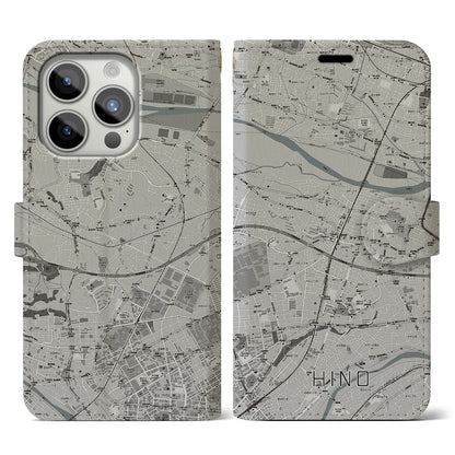 【日野（東京都）】地図柄iPhoneケース（手帳タイプ）モノトーン・iPhone 15 Pro 用