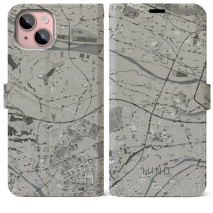 【日野（東京都）】地図柄iPhoneケース（手帳タイプ）モノトーン・iPhone 15 Plus 用