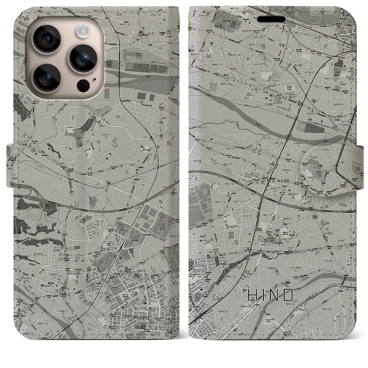 【日野（東京都）】地図柄iPhoneケース（手帳タイプ）モノトーン・iPhone 16 Plus 用