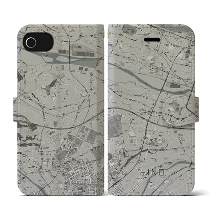 【日野（東京都）】地図柄iPhoneケース（手帳タイプ）モノトーン・iPhone SE（第3 / 第2世代） / 8 / 7 / 6s / 6 用