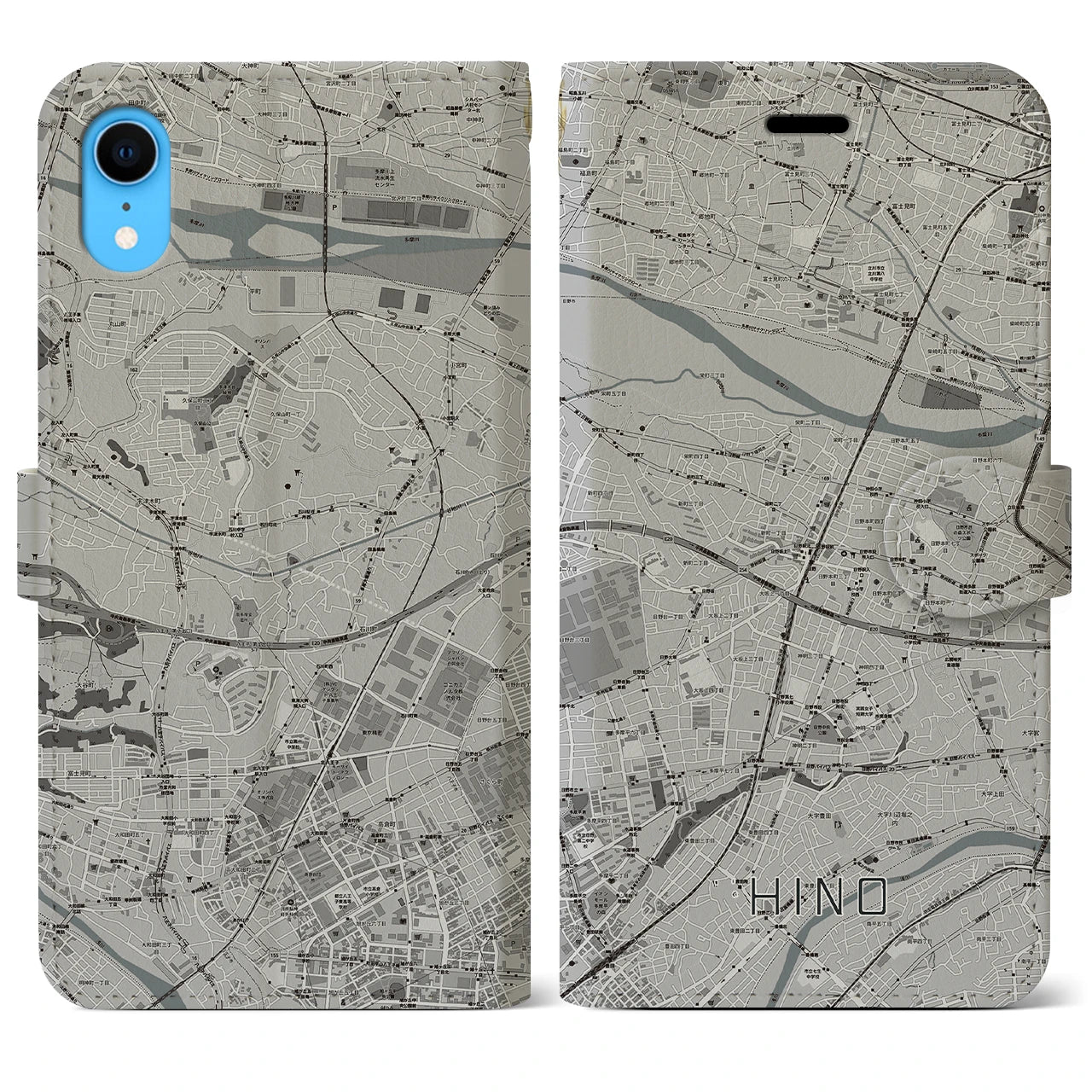 【日野】地図柄iPhoneケース（手帳両面タイプ・モノトーン）iPhone XR 用