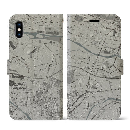 【日野（東京都）】地図柄iPhoneケース（手帳タイプ）モノトーン・iPhone XS / X 用