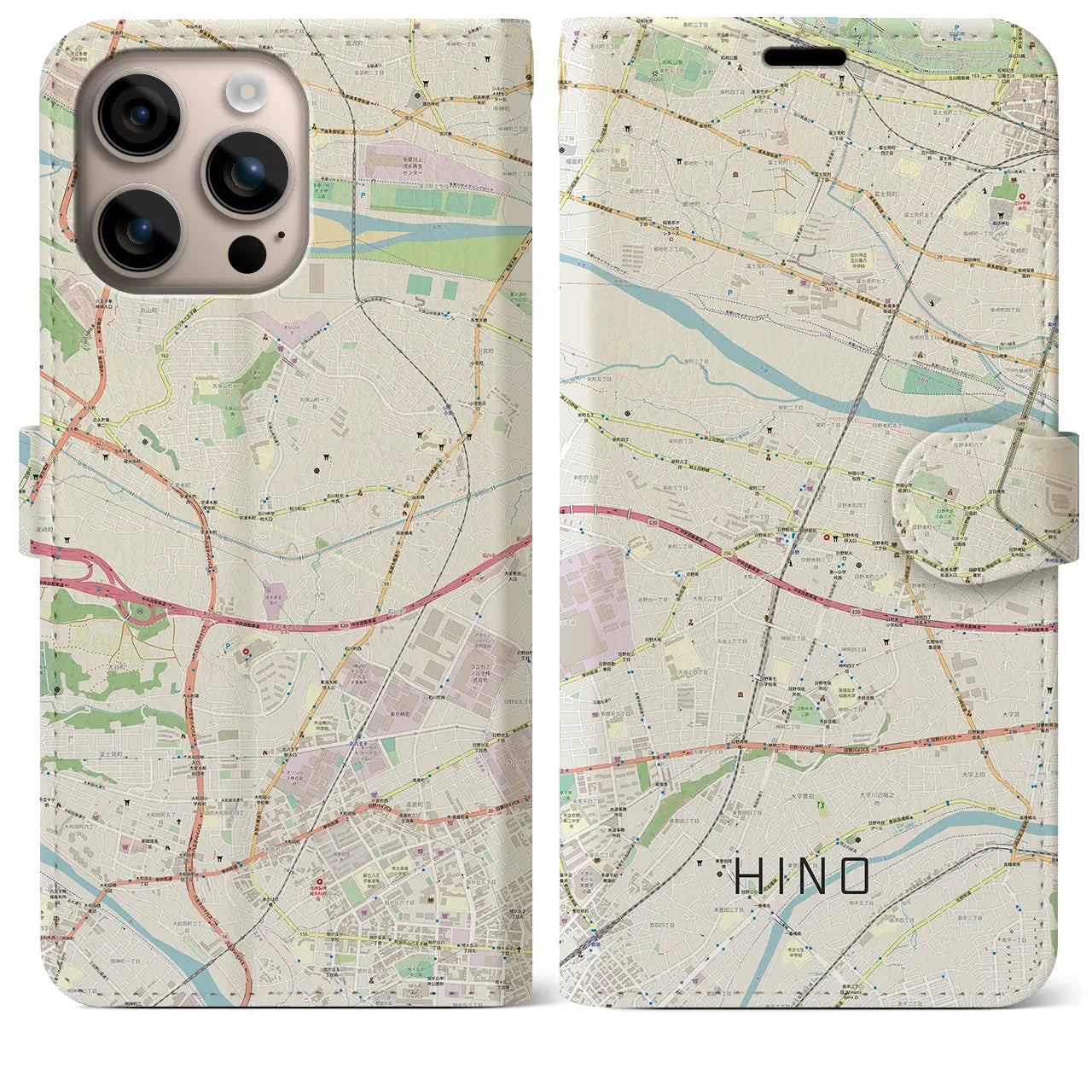 【日野（東京都）】地図柄iPhoneケース（手帳タイプ）ナチュラル・iPhone 16 Plus 用