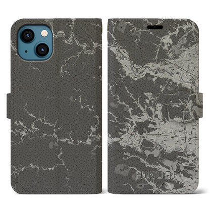 【日の出（東京都）】地図柄iPhoneケース（手帳タイプ）モノトーン・iPhone 13 用