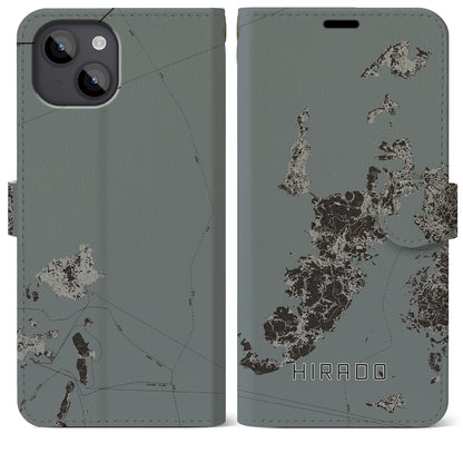 【平戸（長崎県）】地図柄iPhoneケース（手帳タイプ）モノトーン・iPhone 14 Plus 用