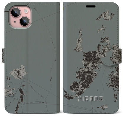 【平戸（長崎県）】地図柄iPhoneケース（手帳タイプ）モノトーン・iPhone 15 Plus 用