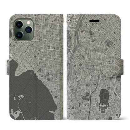 【平岸（北海道）】地図柄iPhoneケース（手帳タイプ）モノトーン・iPhone 11 Pro 用