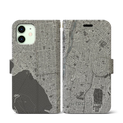 【平岸（北海道）】地図柄iPhoneケース（手帳タイプ）モノトーン・iPhone 12 mini 用