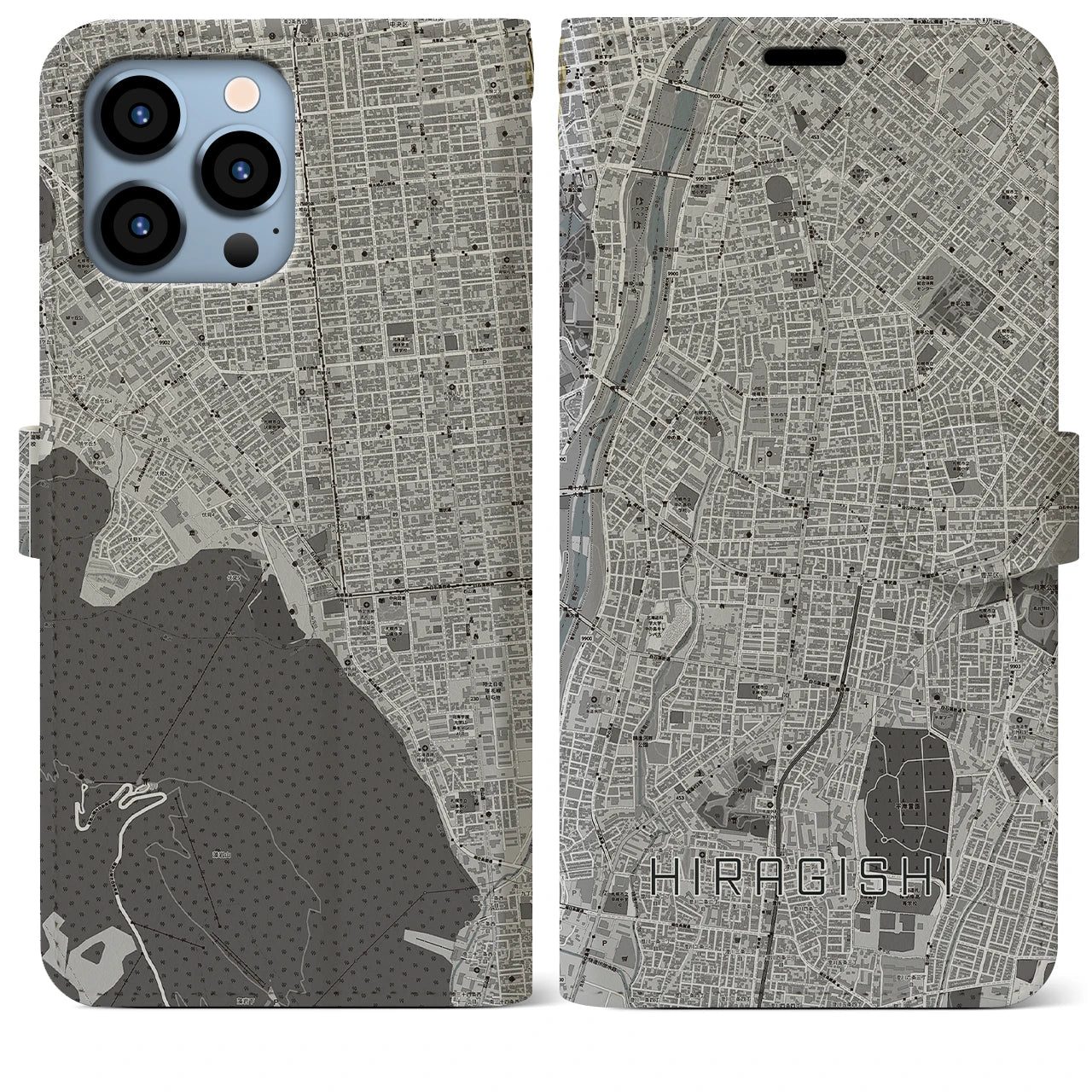【平岸】地図柄iPhoneケース（手帳両面タイプ・モノトーン）iPhone 13 Pro Max 用