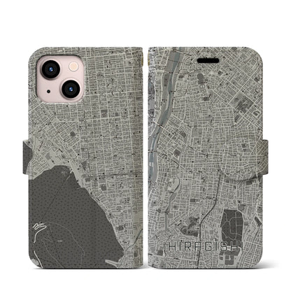 【平岸（北海道）】地図柄iPhoneケース（手帳タイプ）モノトーン・iPhone 13 mini 用