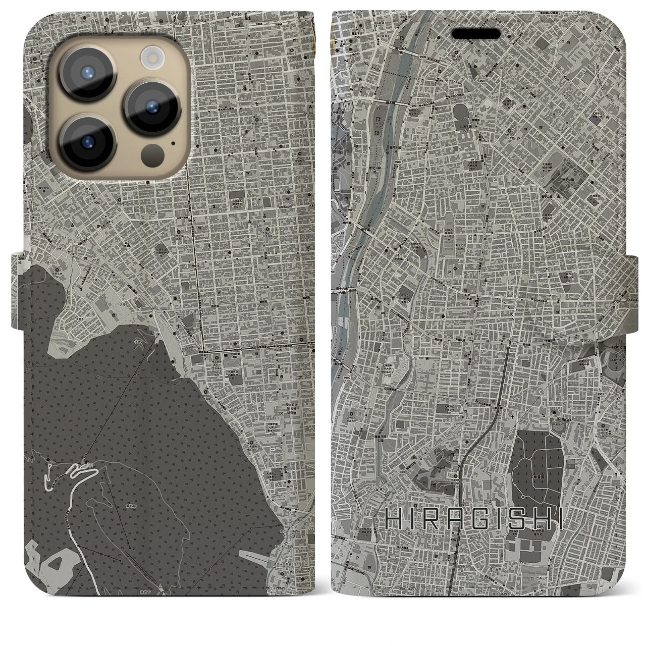【平岸】地図柄iPhoneケース（手帳両面タイプ・モノトーン）iPhone 14 Pro Max 用
