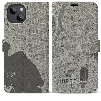 【平岸（北海道）】地図柄iPhoneケース（手帳タイプ）モノトーン・iPhone 14 Plus 用