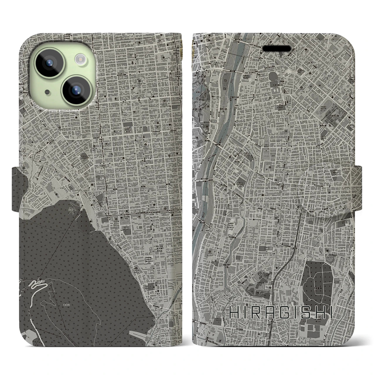 【平岸】地図柄iPhoneケース（手帳両面タイプ・モノトーン）iPhone 15 用
