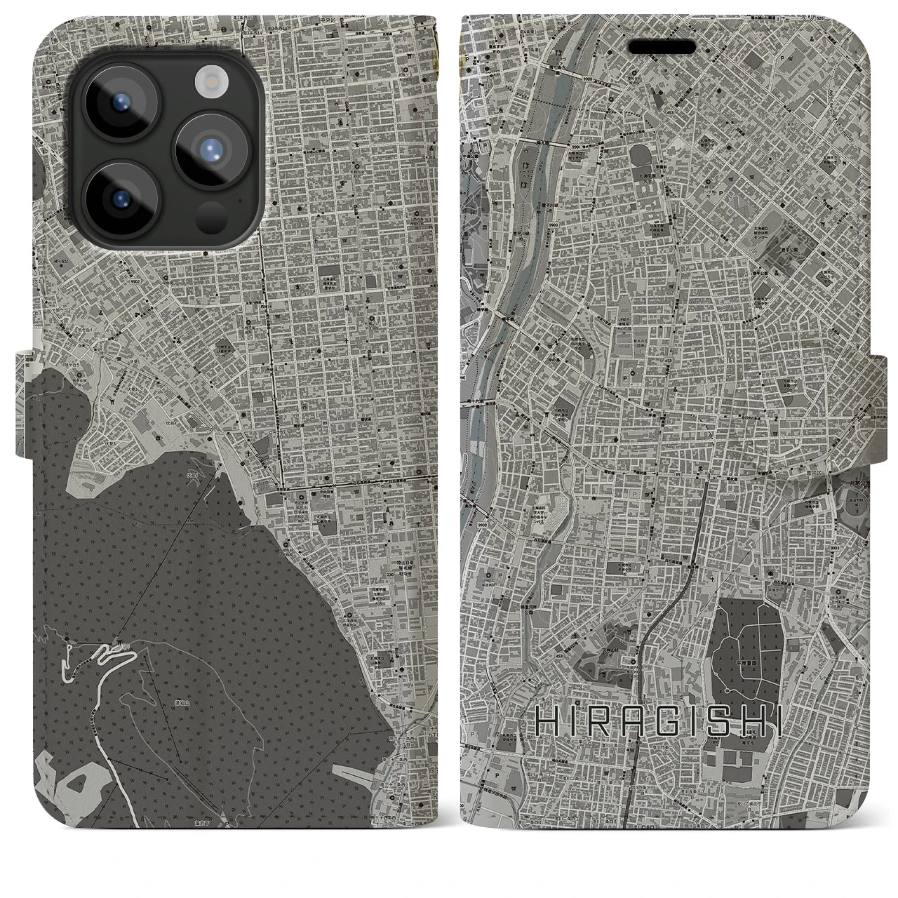 【平岸】地図柄iPhoneケース（手帳両面タイプ・モノトーン）iPhone 15 Pro Max 用