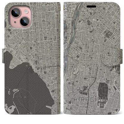 【平岸（北海道）】地図柄iPhoneケース（手帳タイプ）モノトーン・iPhone 15 Plus 用