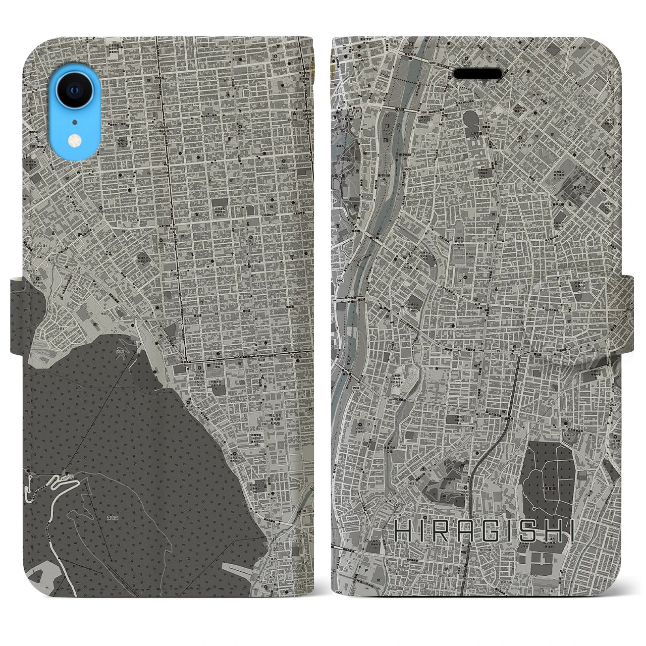 【平岸】地図柄iPhoneケース（手帳両面タイプ・モノトーン）iPhone XR 用