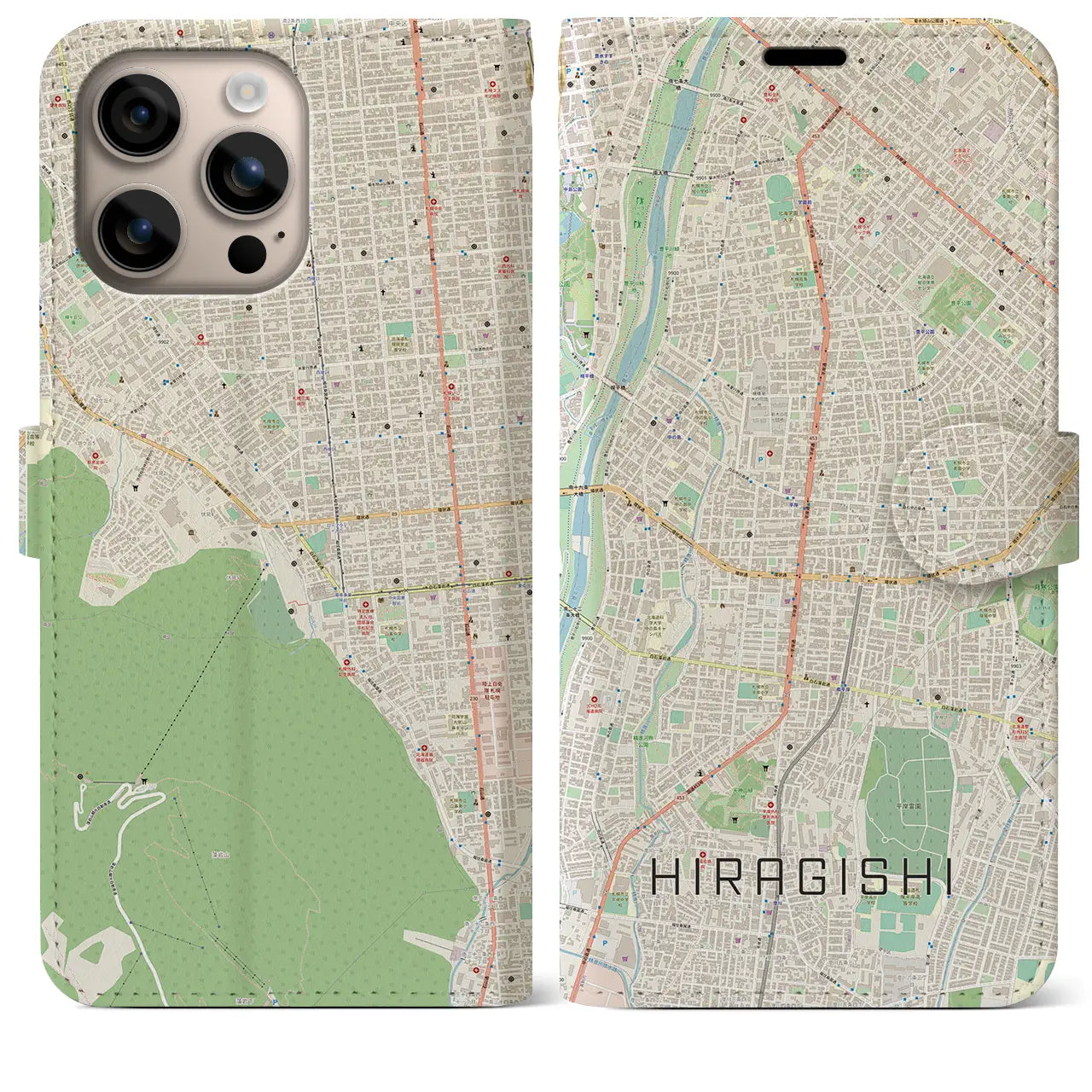 【平岸（北海道）】地図柄iPhoneケース（手帳タイプ）ナチュラル・iPhone 16 Plus 用