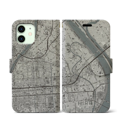 【平井（東京都）】地図柄iPhoneケース（手帳タイプ）モノトーン・iPhone 12 mini 用