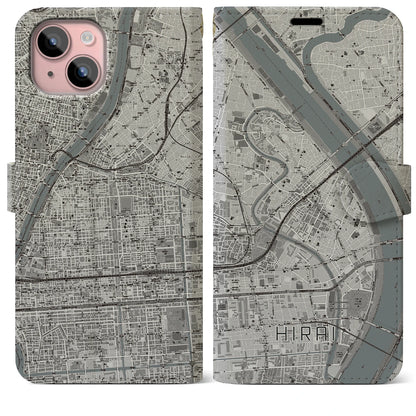 【平井（東京都）】地図柄iPhoneケース（手帳タイプ）モノトーン・iPhone 15 Plus 用