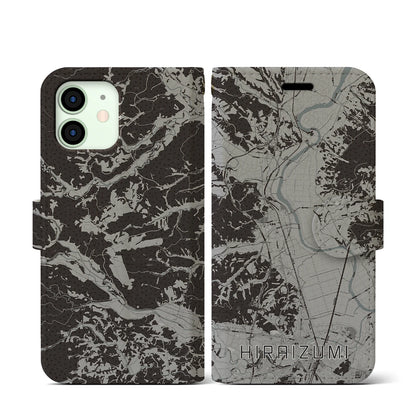 【平泉（岩手県）】地図柄iPhoneケース（手帳タイプ）モノトーン・iPhone 12 mini 用