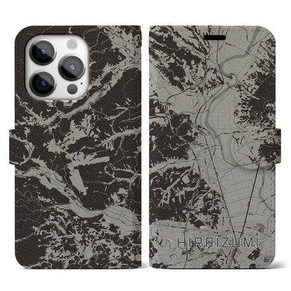 【平泉（岩手県）】地図柄iPhoneケース（手帳タイプ）モノトーン・iPhone 14 Pro 用