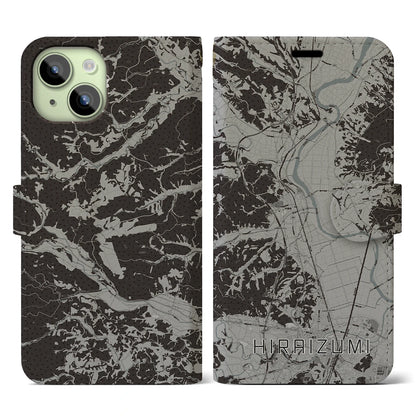 【平泉（岩手県）】地図柄iPhoneケース（手帳タイプ）モノトーン・iPhone 15 用