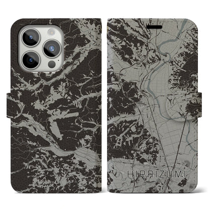 【平泉（岩手県）】地図柄iPhoneケース（手帳タイプ）モノトーン・iPhone 15 Pro 用