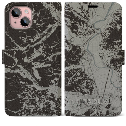 【平泉（岩手県）】地図柄iPhoneケース（手帳タイプ）モノトーン・iPhone 15 Plus 用