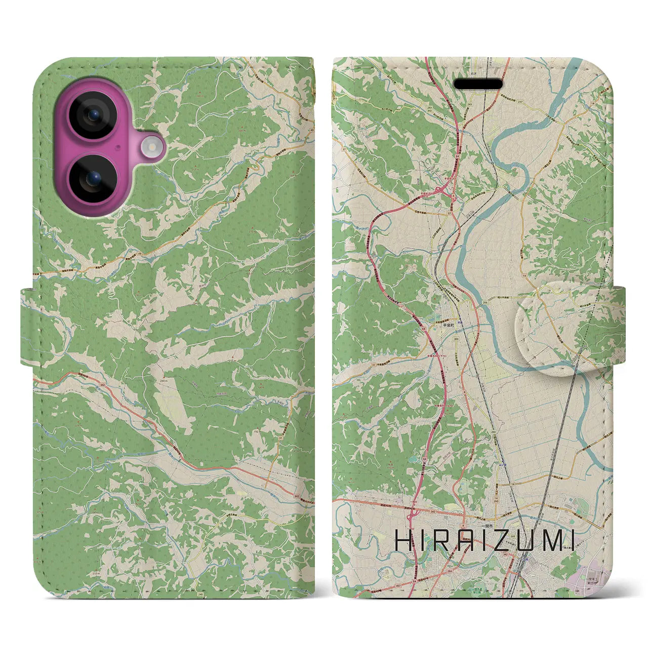 【平泉（岩手県）】地図柄iPhoneケース（手帳タイプ）ナチュラル・iPhone 16 Pro 用