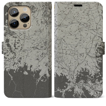 【平賀（青森県）】地図柄iPhoneケース（手帳タイプ）モノトーン・iPhone 14 Pro Max 用