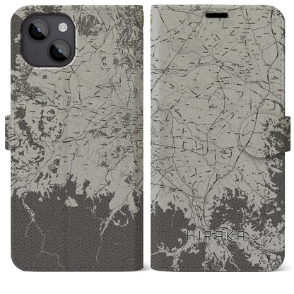 【平賀（青森県）】地図柄iPhoneケース（手帳タイプ）モノトーン・iPhone 14 Plus 用