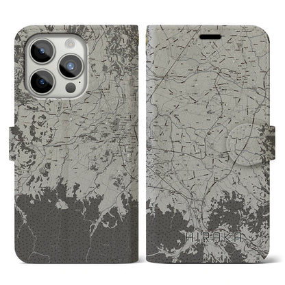 【平賀（青森県）】地図柄iPhoneケース（手帳タイプ）モノトーン・iPhone 15 Pro 用