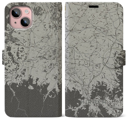 【平賀（青森県）】地図柄iPhoneケース（手帳タイプ）モノトーン・iPhone 15 Plus 用