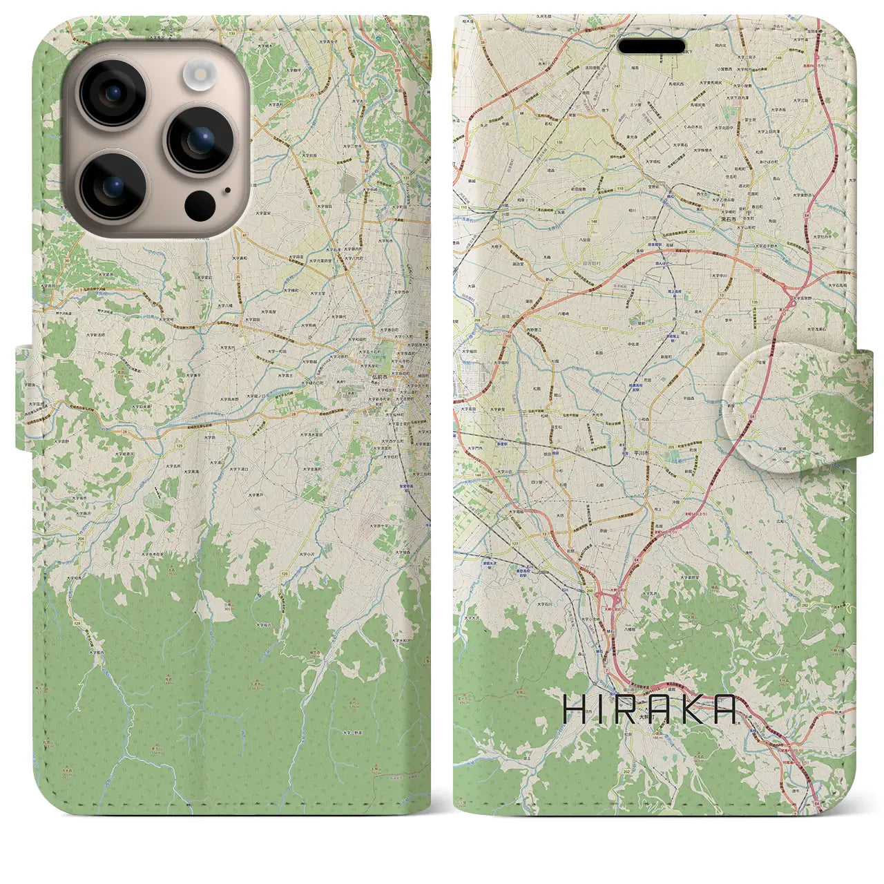 【平賀（青森県）】地図柄iPhoneケース（手帳タイプ）ナチュラル・iPhone 16 Plus 用