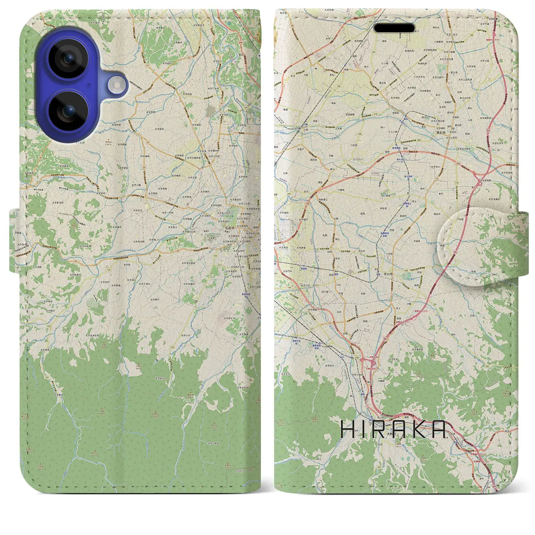 【平賀（青森県）】地図柄iPhoneケース（手帳タイプ）ナチュラル・iPhone 16 Pro Max 用