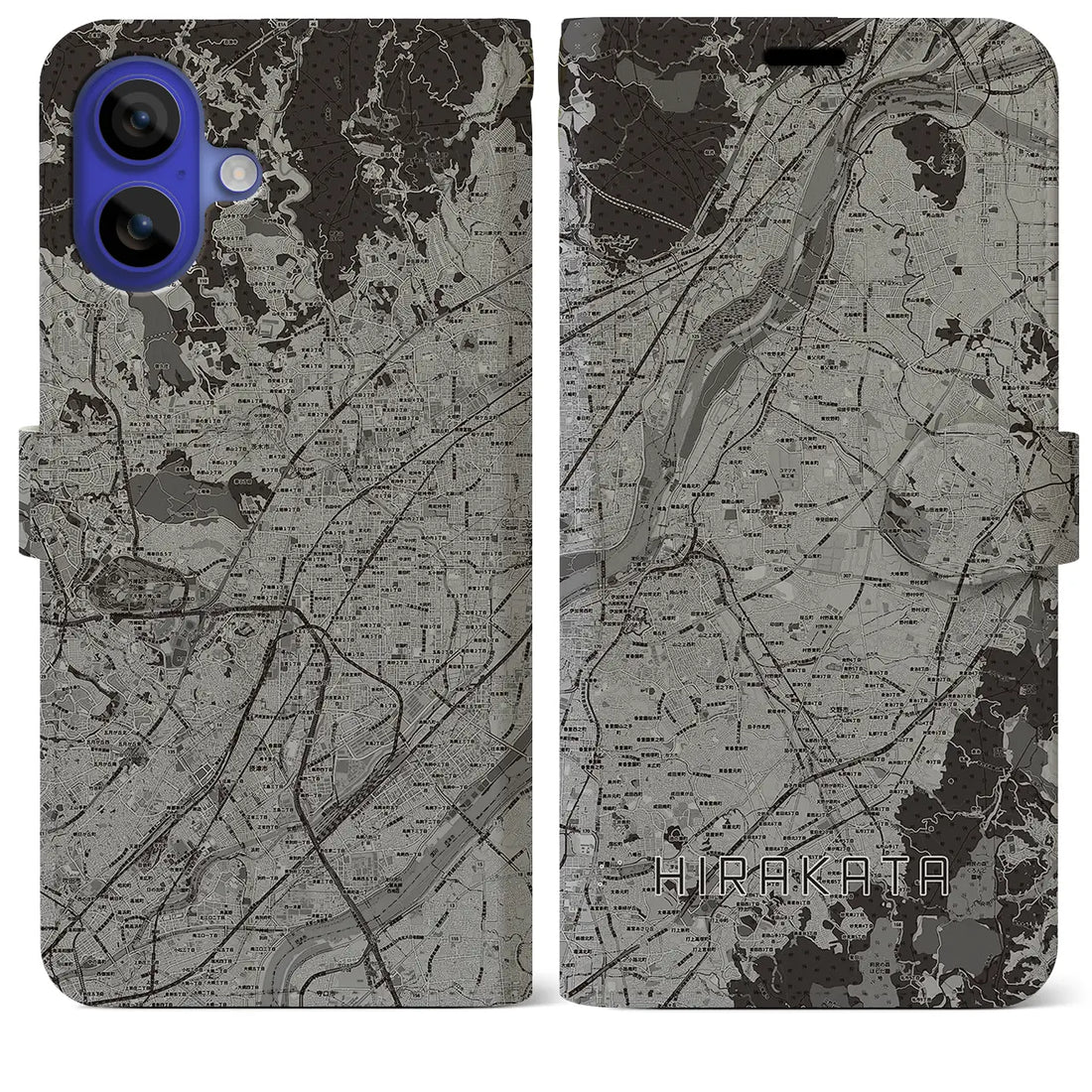 【枚方(大阪府)】地図柄iPhoneケース(手帳タイプ)モノトーン・iPhone 16 Pro Max 用