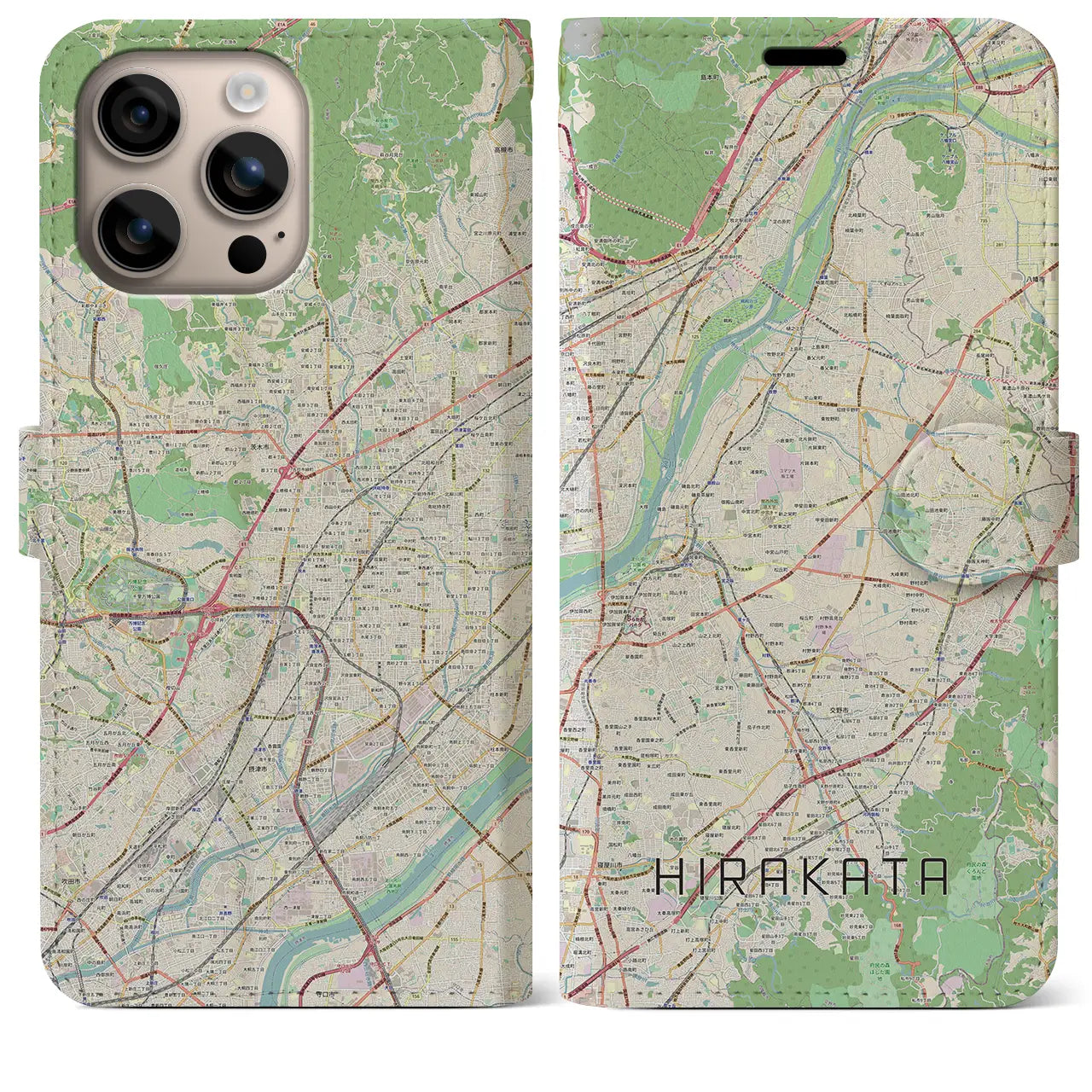 【枚方（大阪府）】地図柄iPhoneケース（手帳タイプ）ナチュラル・iPhone 16 Plus 用