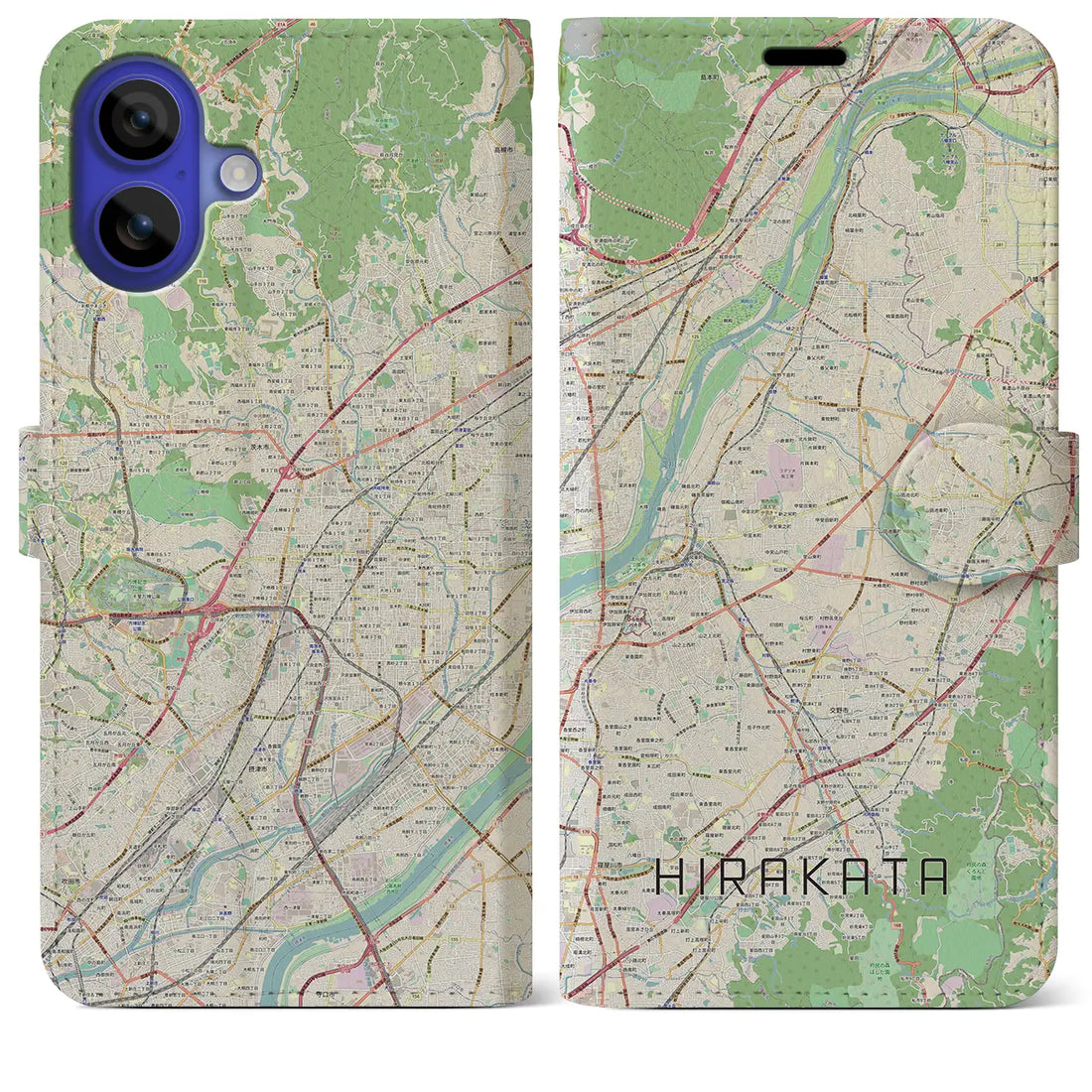 【枚方（大阪府）】地図柄iPhoneケース（手帳タイプ）ナチュラル・iPhone 16 Pro Max 用