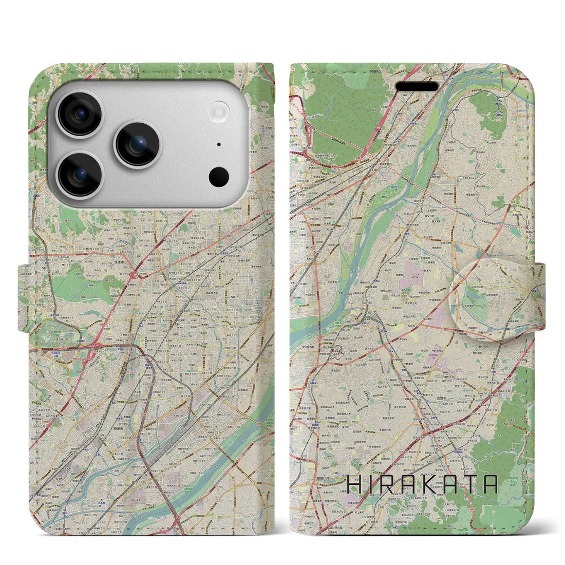 【枚方(大阪府)】地図柄iPhoneケース(手帳タイプ)ナチュラル・iPhone 17 Pro Max 用