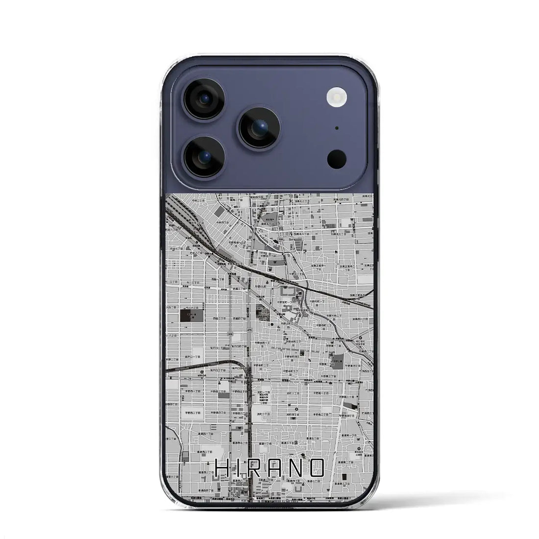 【平野（大阪府）】地図柄iPhoneケース（クリアタイプ）モノトーン・iPhone 17 Pro Max 用