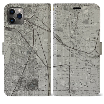 【平野】地図柄iPhoneケース（手帳両面タイプ・モノトーン）iPhone 11 Pro Max 用