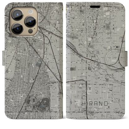 【平野】地図柄iPhoneケース（手帳両面タイプ・モノトーン）iPhone 14 Pro Max 用
