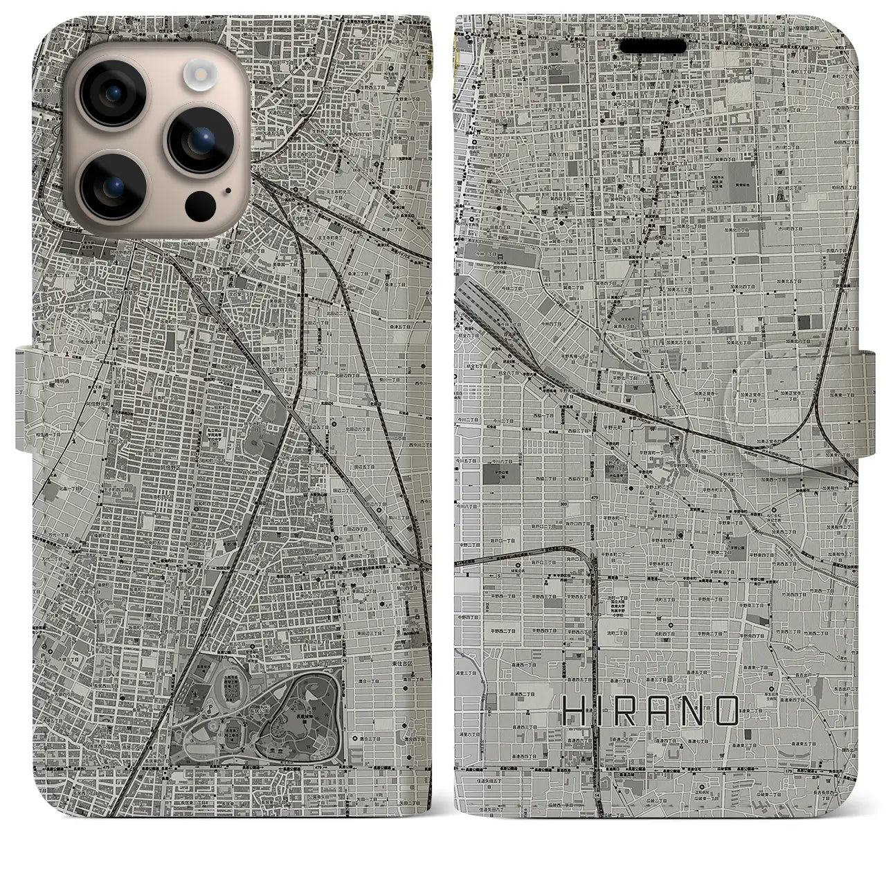 【平野（大阪府）】地図柄iPhoneケース（手帳タイプ）