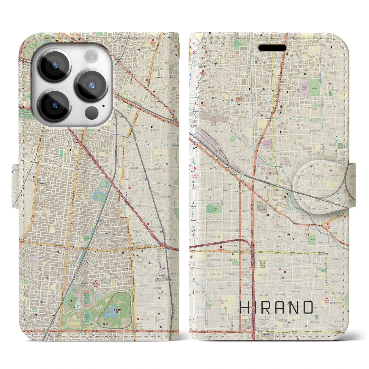 【平野（大阪府）】地図柄iPhoneケース（手帳タイプ）