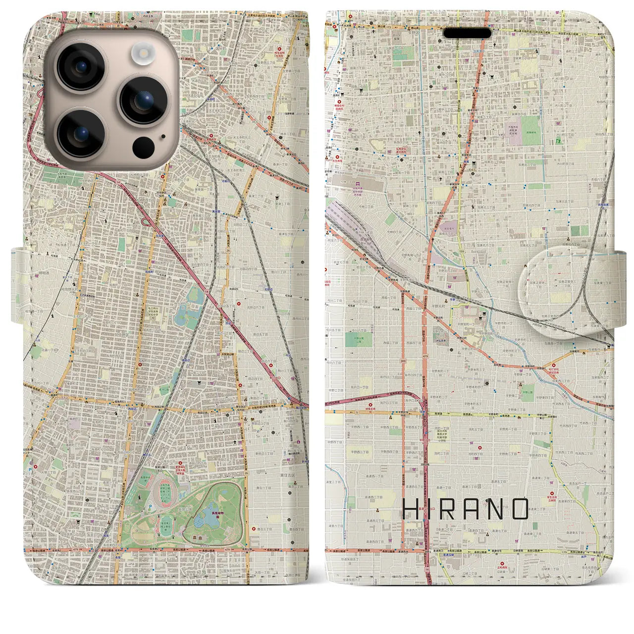 【平野（大阪府）】地図柄iPhoneケース（手帳タイプ）ナチュラル・iPhone 16 Plus 用