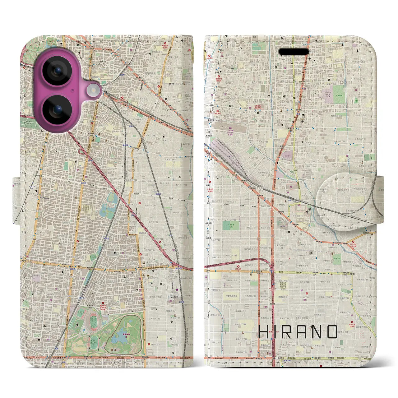 【平野（大阪府）】地図柄iPhoneケース（手帳タイプ）